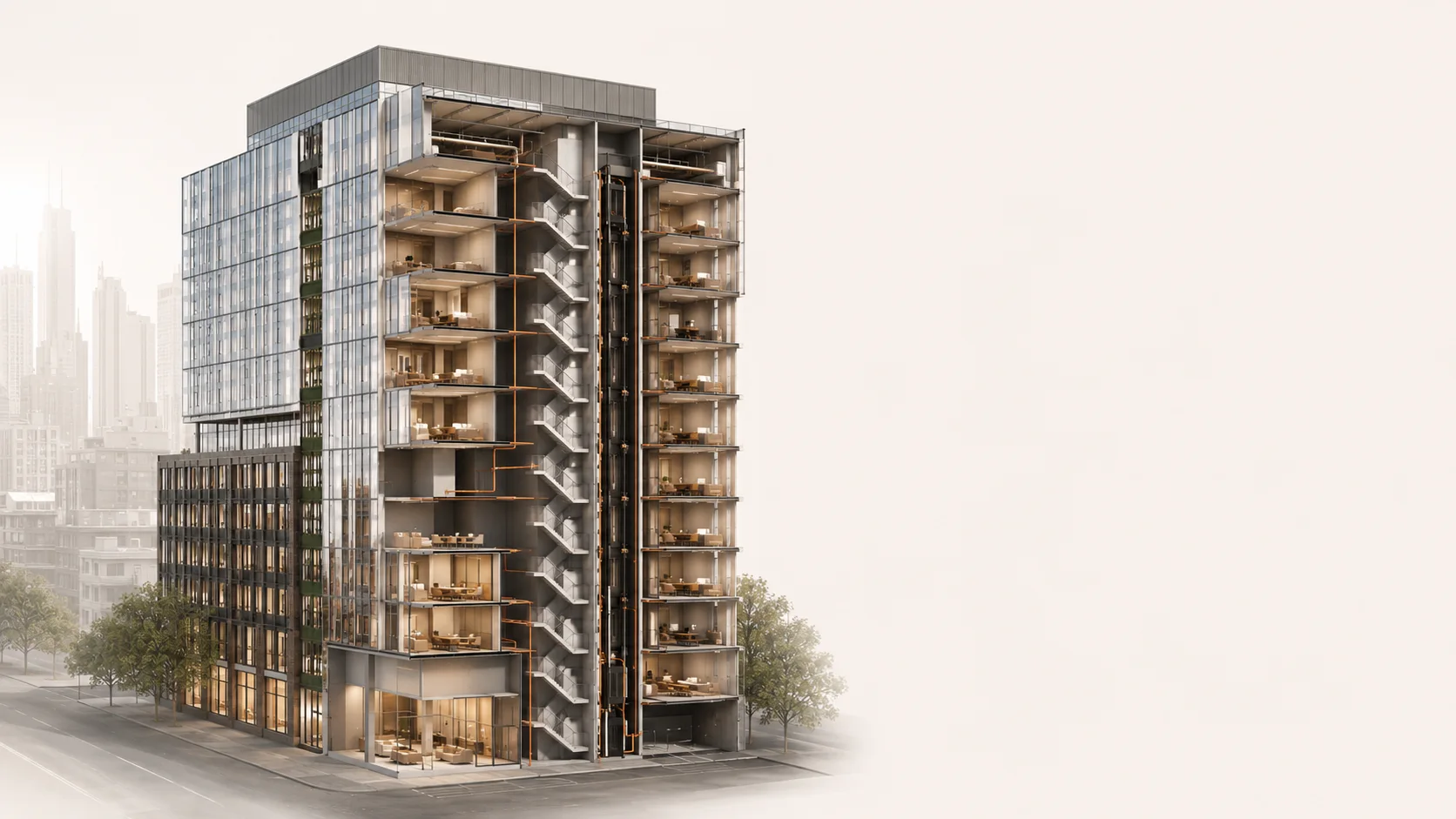 Architectural cutaway of a Melbourne tower showing fire engineering analysis zones.